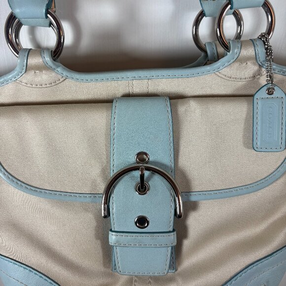 COACH | Light Blue Leather & Cream Canvas Satchel Tote | Y2K Vintage | RARE - Picture 2 of 10